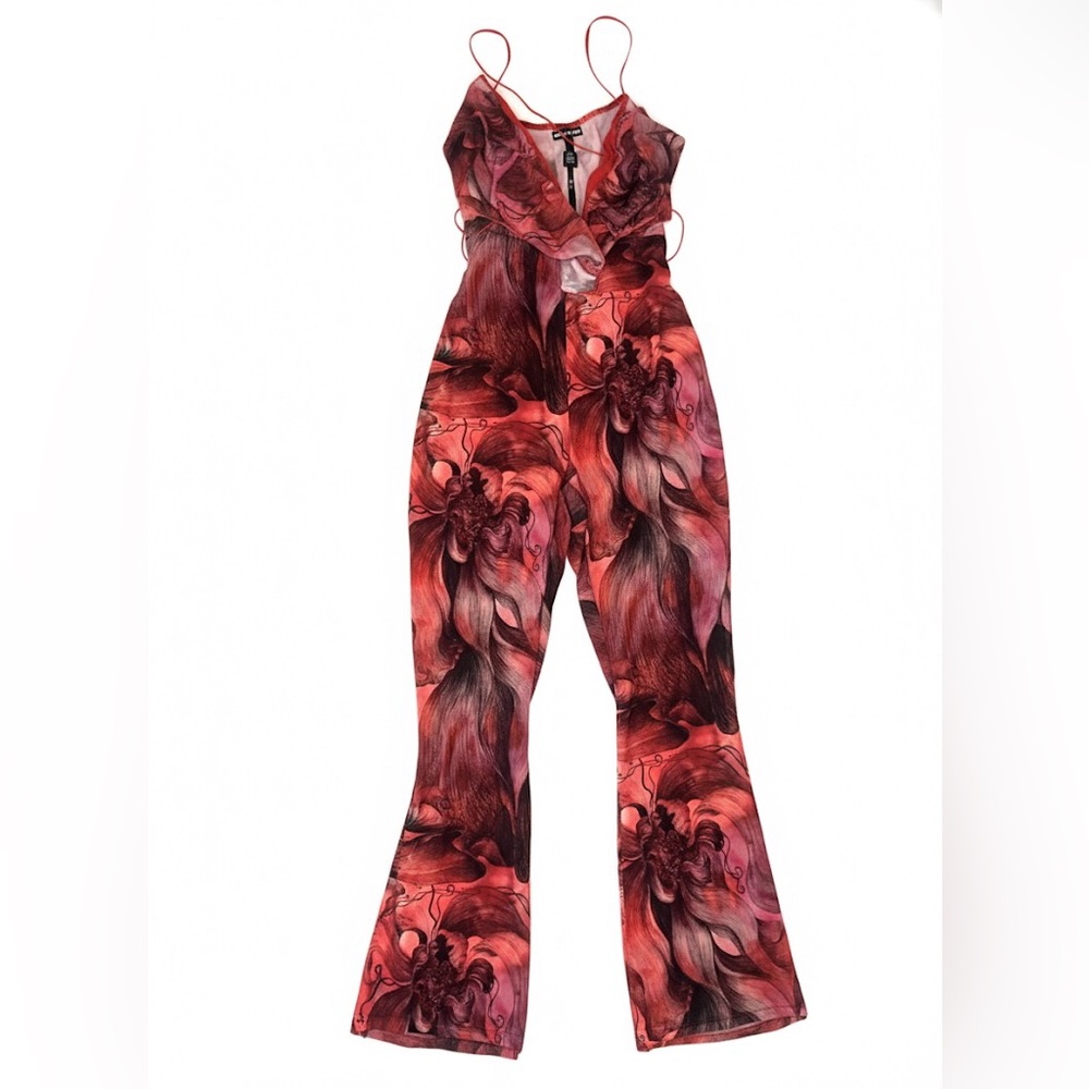 Fashion Nova Red Floral Flare Jumpsuit